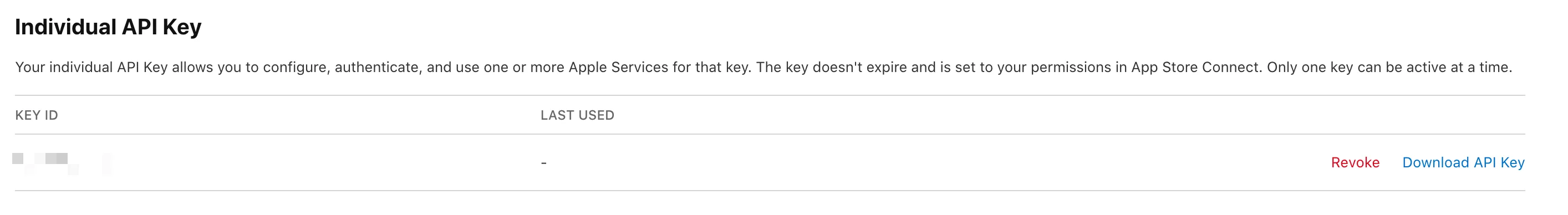 A screenshot of the "Individual API Key" section. There is a row with one key, displaying the Key ID, when it was last used, a button to download the API key, and a button to revoke the API key.