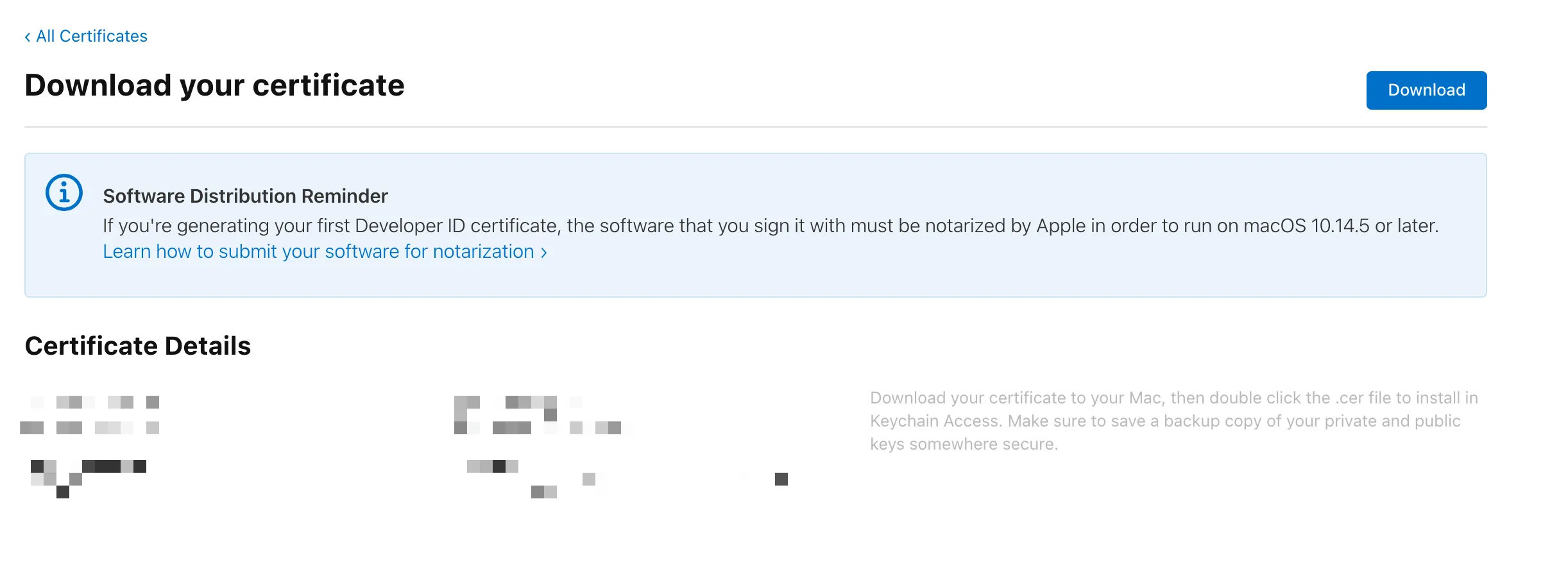An image of Apple Developer showing the page where you can view the specific details of a particular certificate, in this case our "Developer ID Application" certificate. There is a blue "Download" button in the top right corner.