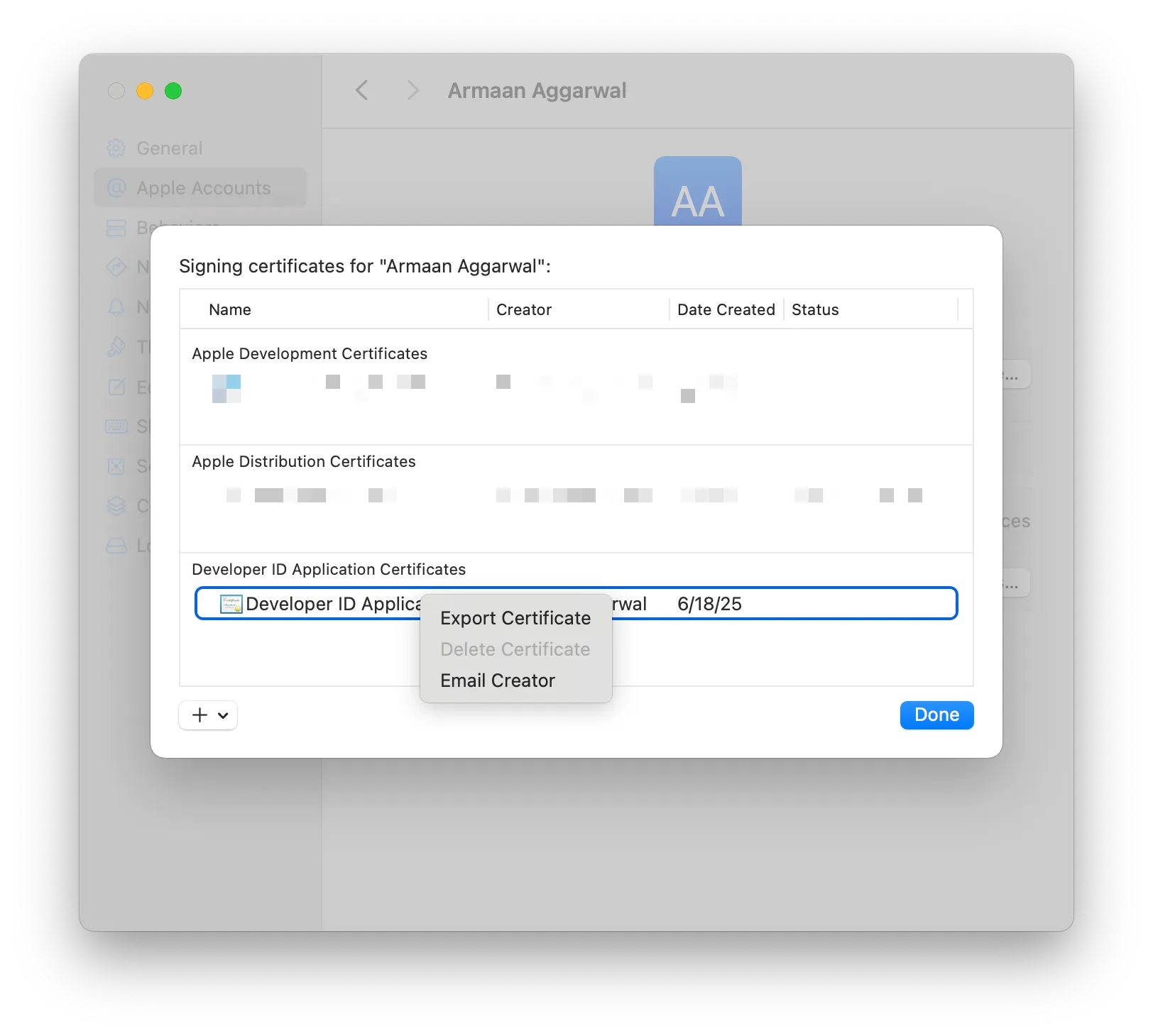An image of an Xcode modal where you can view the certificates of a specific team. In this case, the context menu for a "Developer ID Application" certificate is shown, and there is an option to "Export Certificate."
