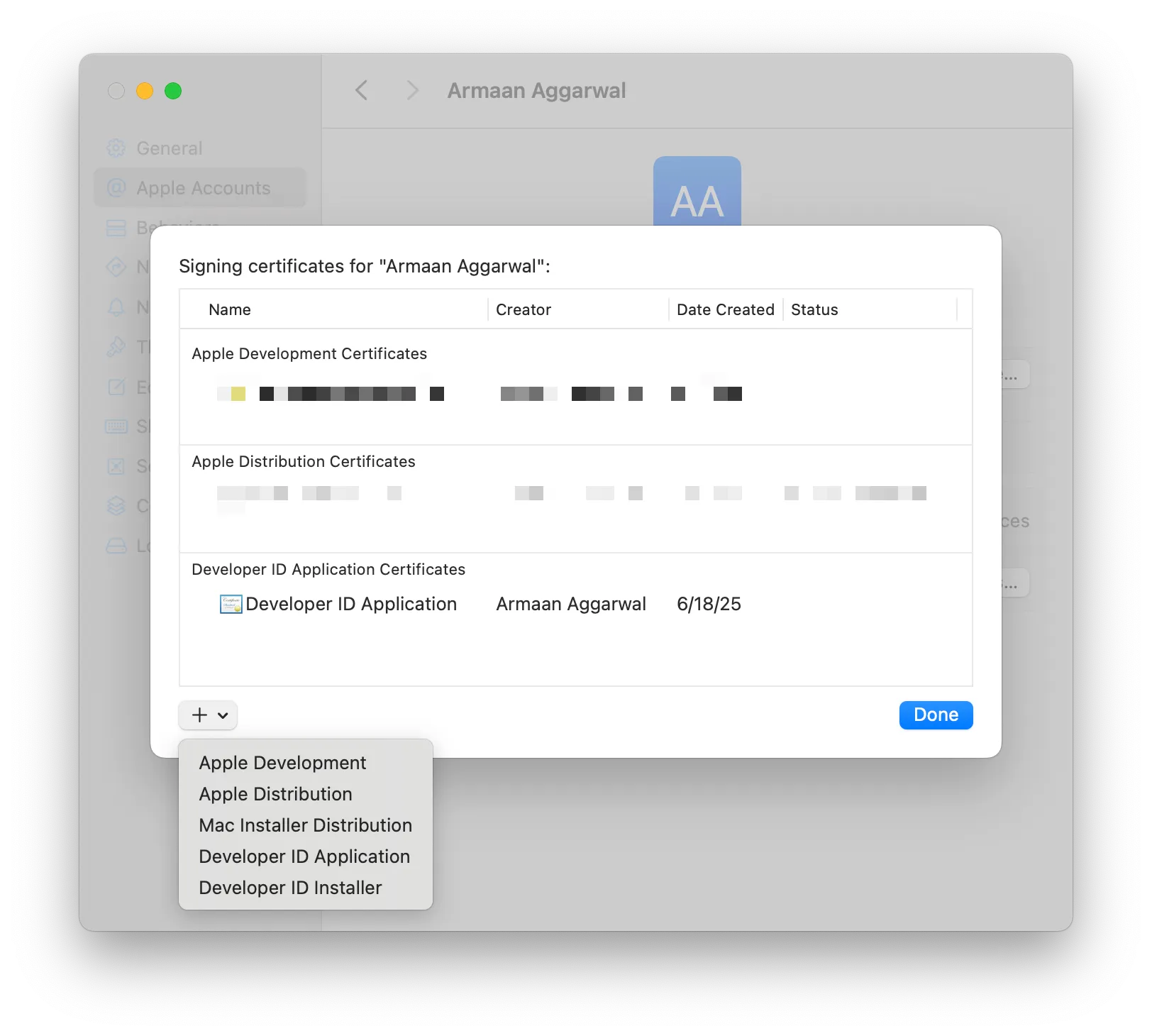 An image of an Xcode modal where you can view the certificates of a specific team