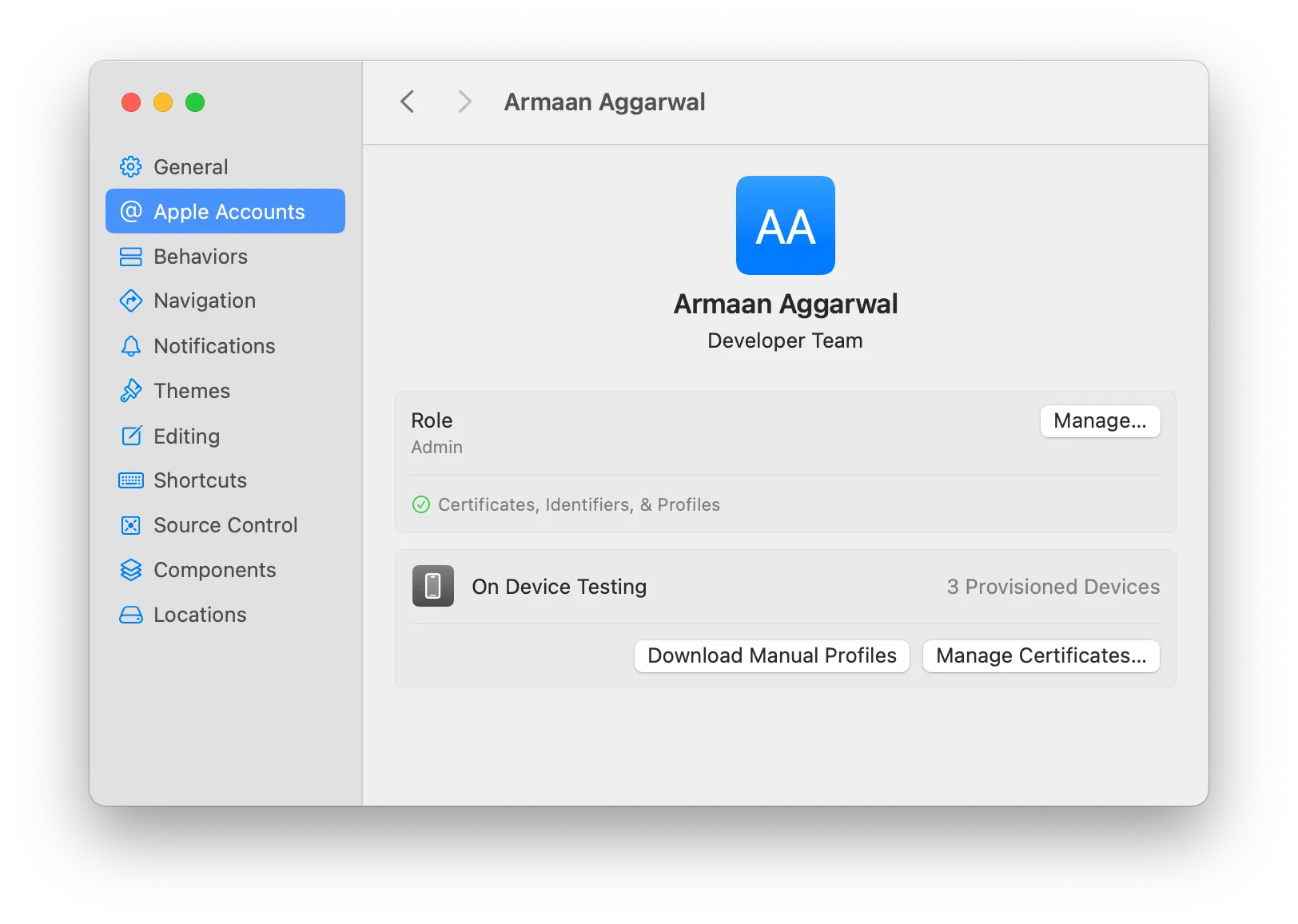 An image of the Xcode settings pane where you can view all the teams a particular Apple Account belongs to